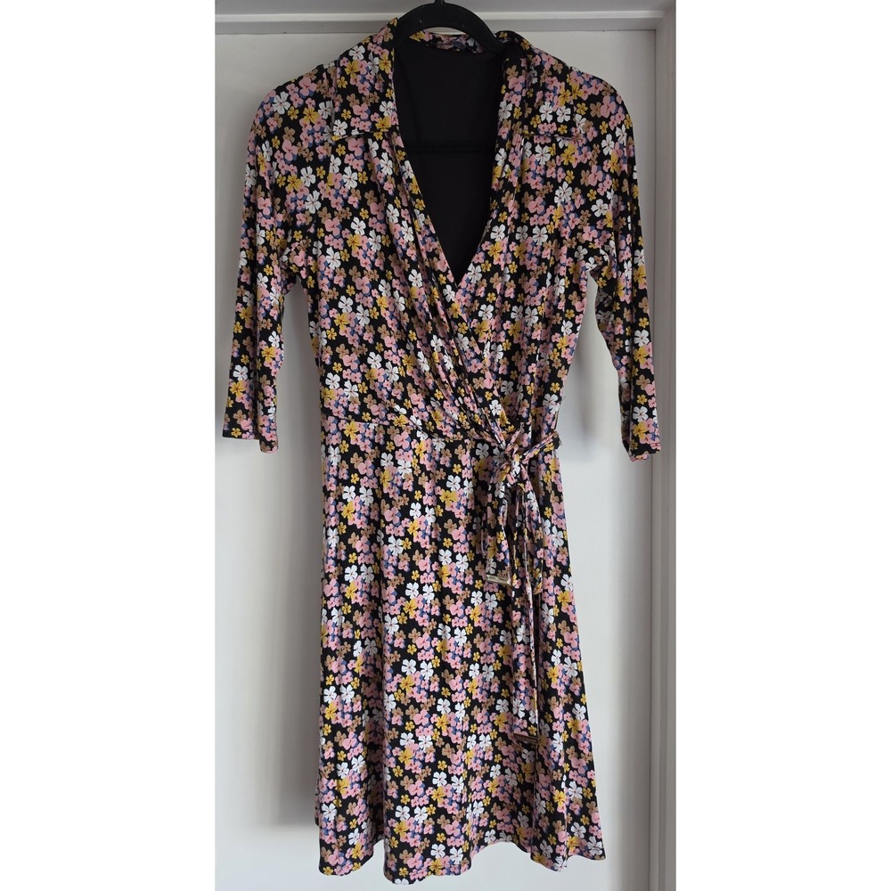 Tommy Hilfiger Floral Midi Dress 3/4 Sleeve Black Pink Yellow Classic Gown Wrap